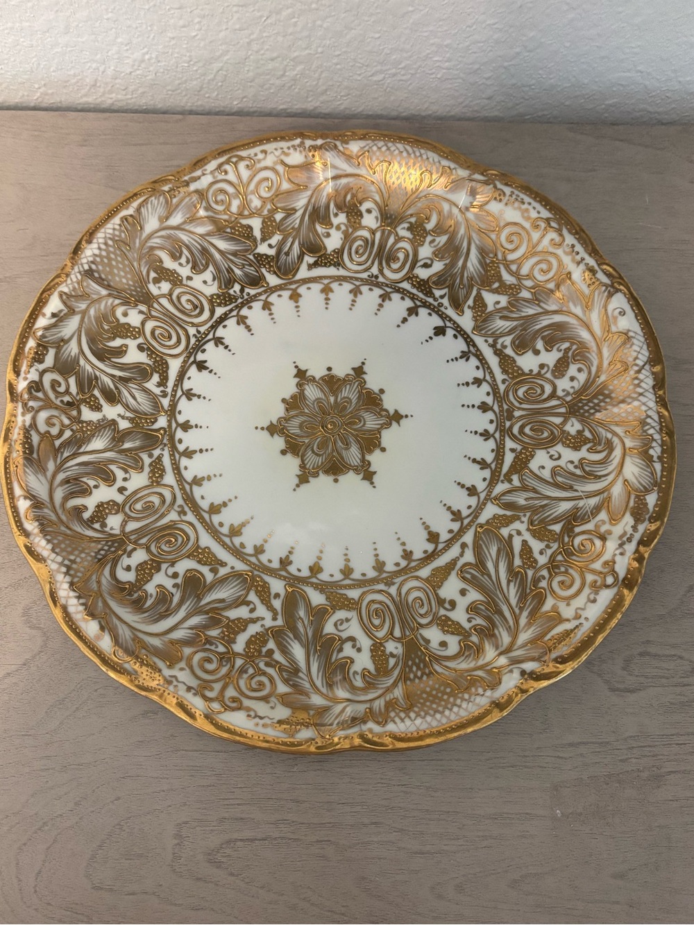 Antique Hand Painted Heavy Gold Gilt Raised Dot Moriage White Serving Plate 11”